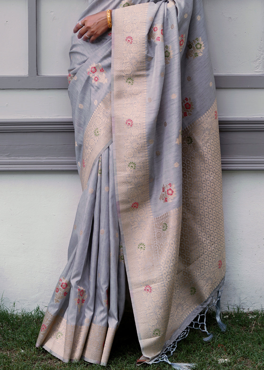 Buy MySilkLove Mountain Mist Grey Banarasi Saree Online