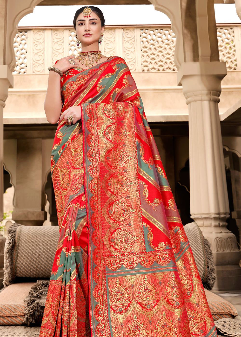 Buy MySilkLove Salmon Red Woven Designer Banarasi Silk Saree Online