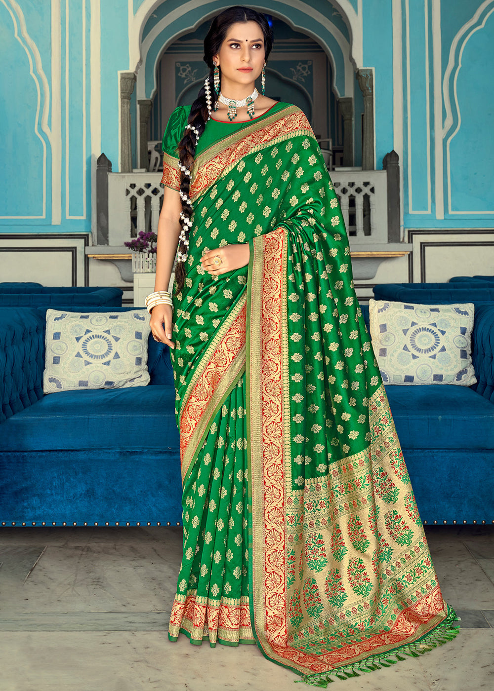 Buy MySilkLove Fern Green and Red Zari Woven Banarasi Saree Online