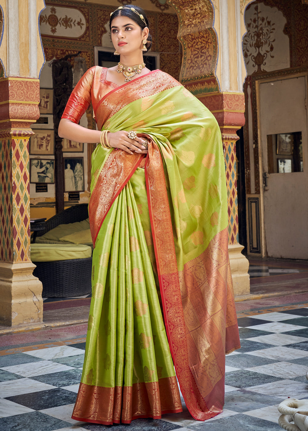 Buy MySilkLove Tacha Green Woven Banarasi Barcode Silk Saree Online
