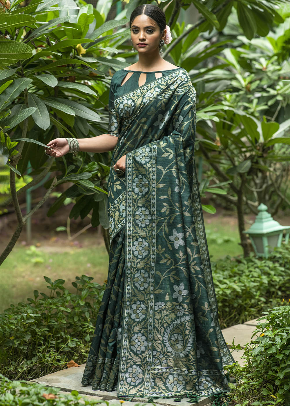 Buy MySilkLove Asparagus Green Zari Woven Floral Tussar Saree Online