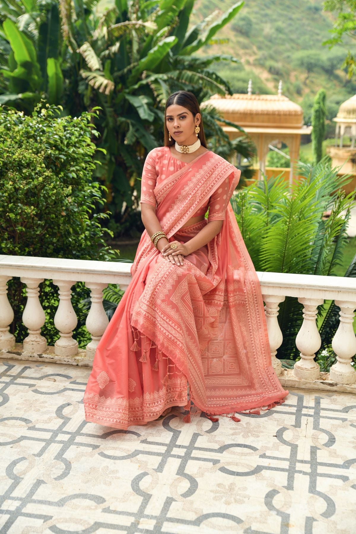 Buy MySilkLove Tacao Peach Lucknowi Cotton Saree Online