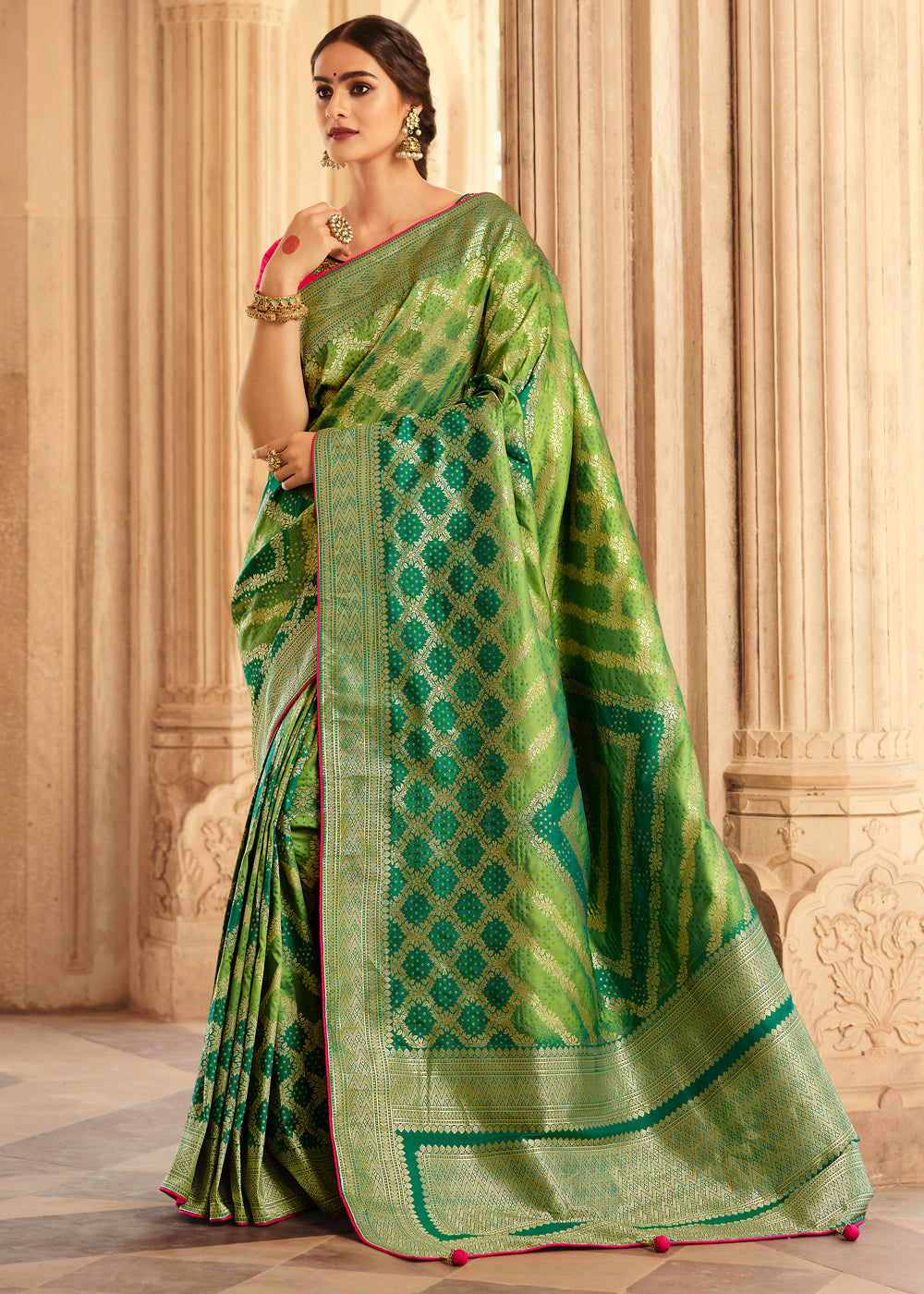 Buy MySilkLove Olive Green and Pink Zari Woven Banarasi Saree with Designer Blouse Online