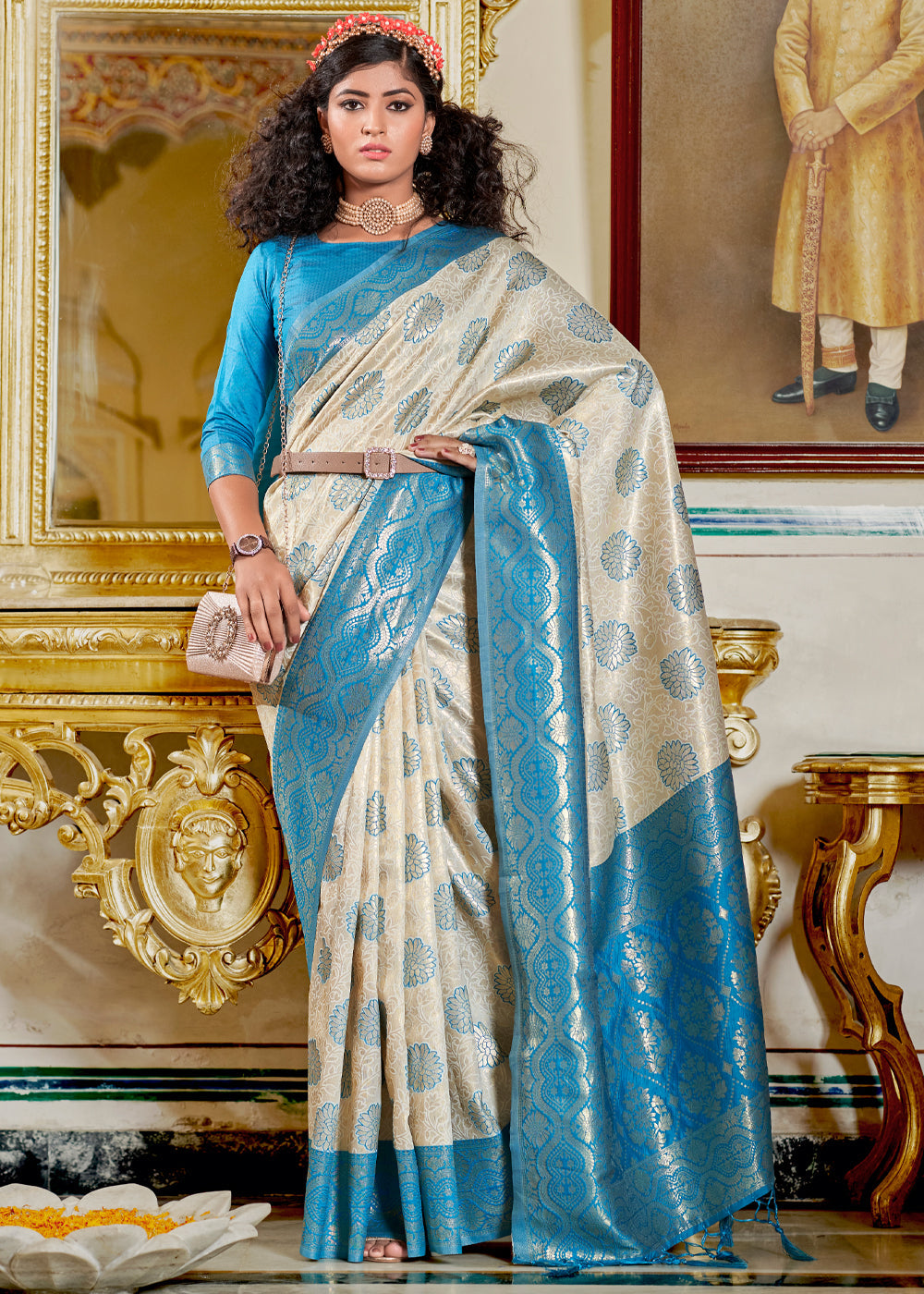 Buy MySilkLove Linen White and Blue Woven Banarasi Silk Saree Online