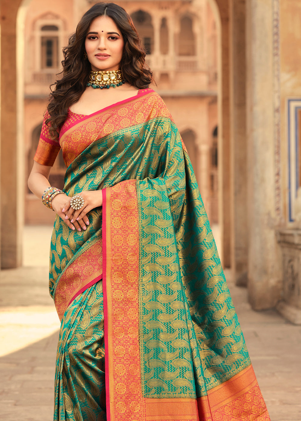 Buy MySilkLove Viridian Green and Red Zari Woven Kanjivaram Saree Online