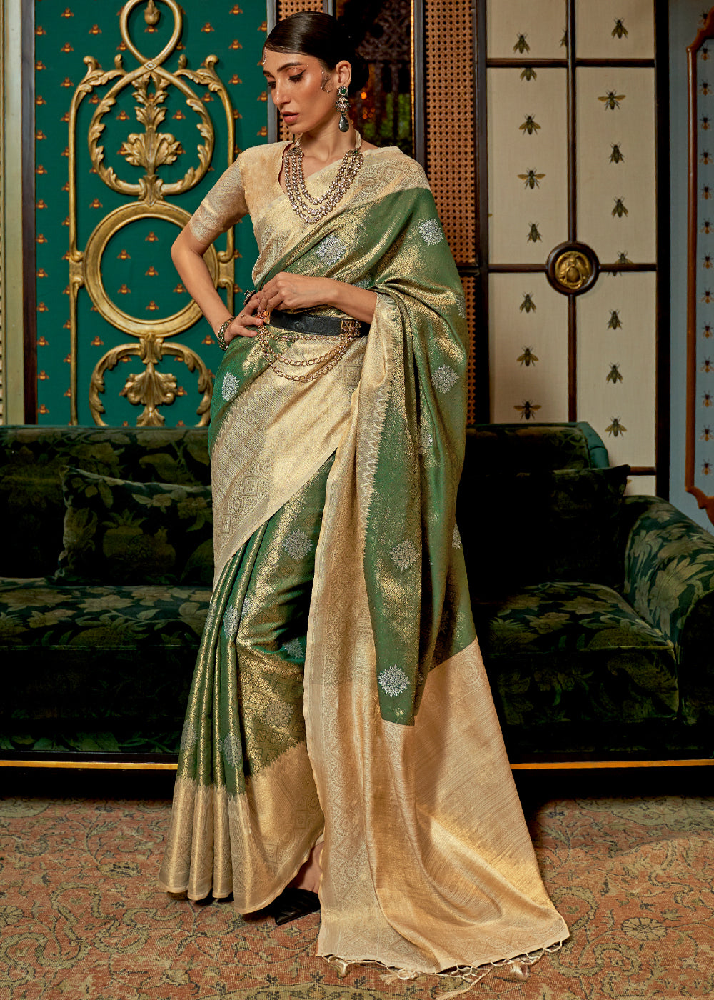 Buy MySilkLove Chalet Green Zari Woven Banarasi Tussar Saree Online