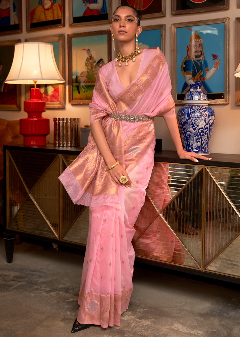 Buy MySilkLove Sundown Pink Zari Woven Banarasi Organza Saree Online