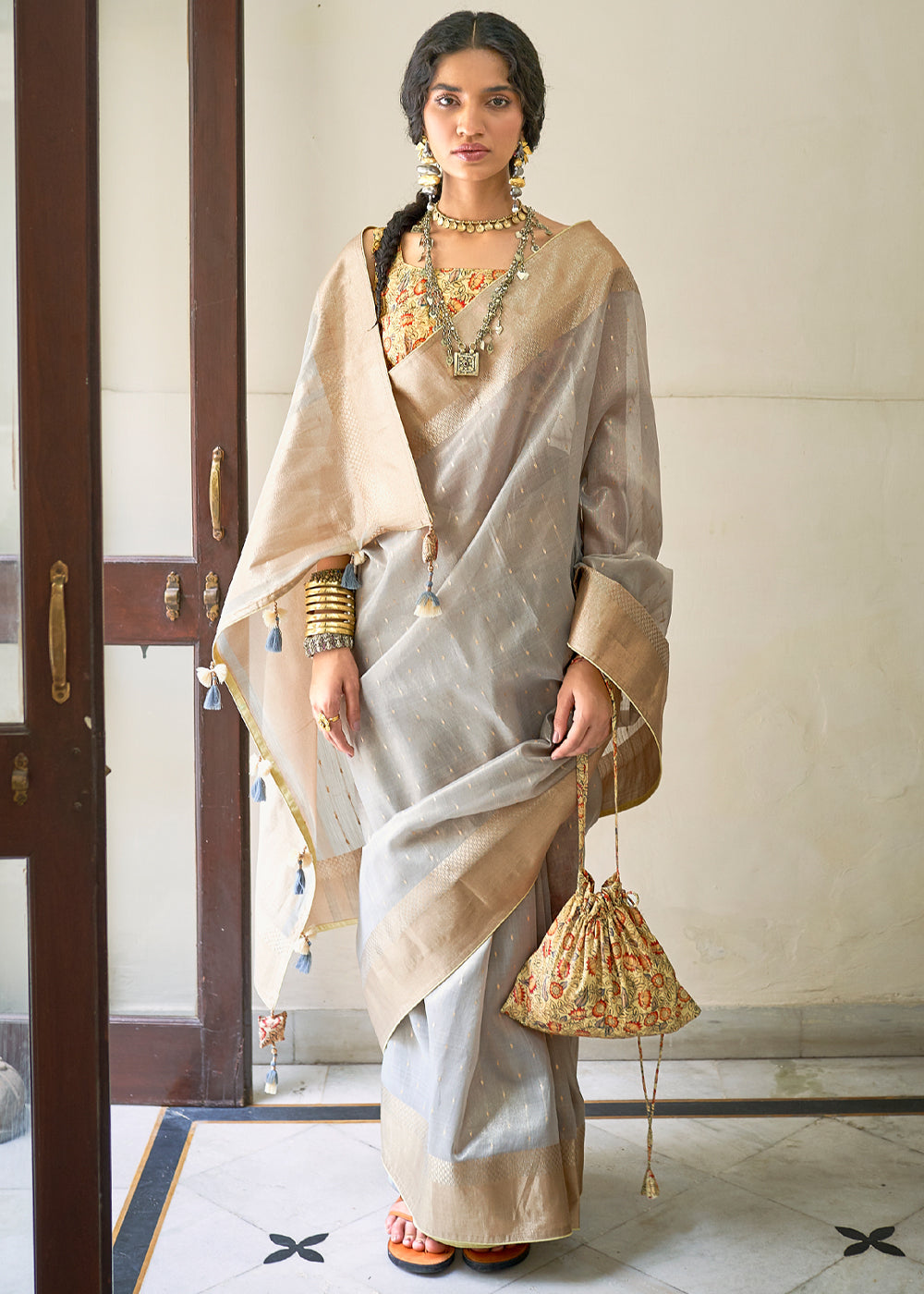 Buy MySilkLove Nomad Grey Tissue Silk Saree with Designer Blouse Online