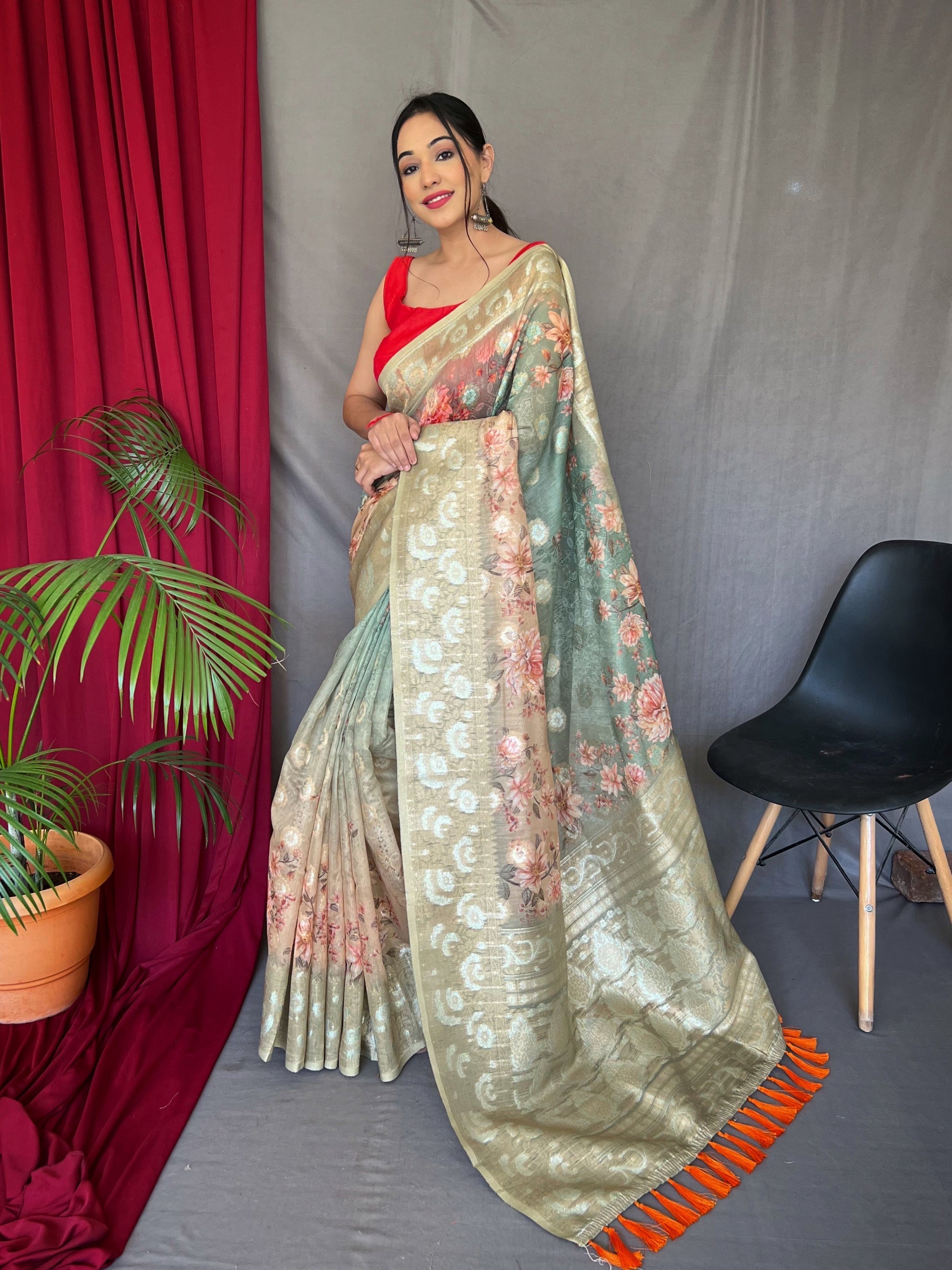 Buy MySilkLove Misty Green Banarasi Dual Tone Floral Printed Silk Saree Online