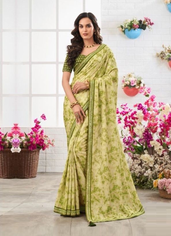 Buy MySilkLove Peridot Green Chinon Printed Saree Online