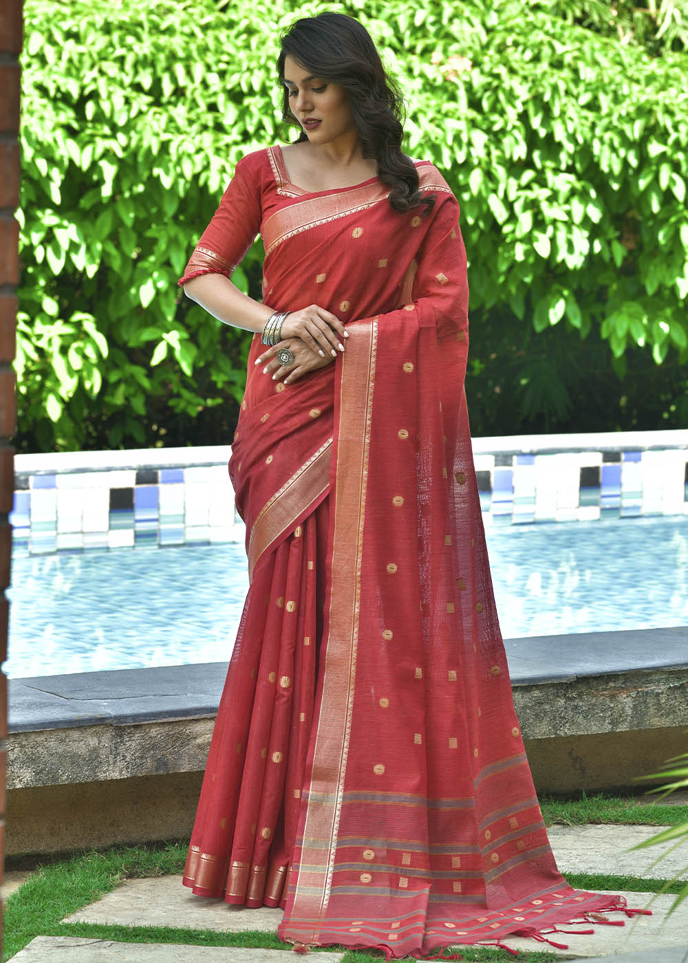 Buy MySilkLove Sienna Red Zari Woven Cotton Saree Online