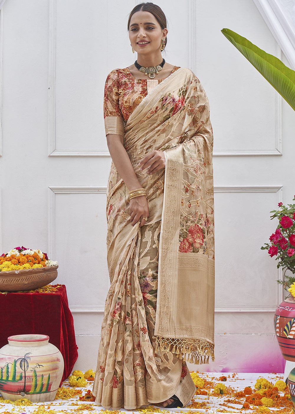 Buy MySilkLove Sandrift Brown Digital Printed Organza Silk Saree Online