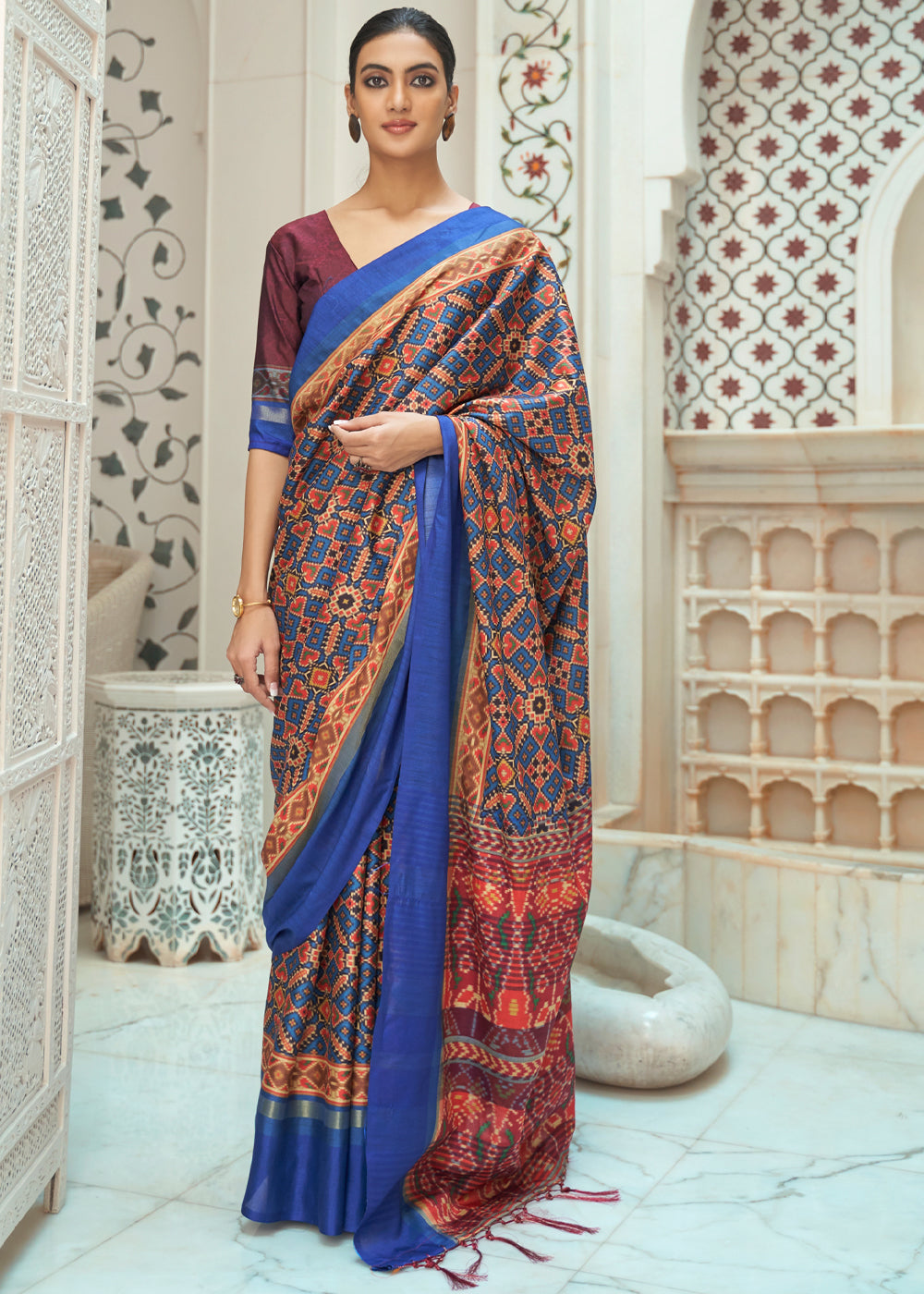 Buy MySilkLove Cape Palliser Brown and Blue Patola Digital Printed Saree Online