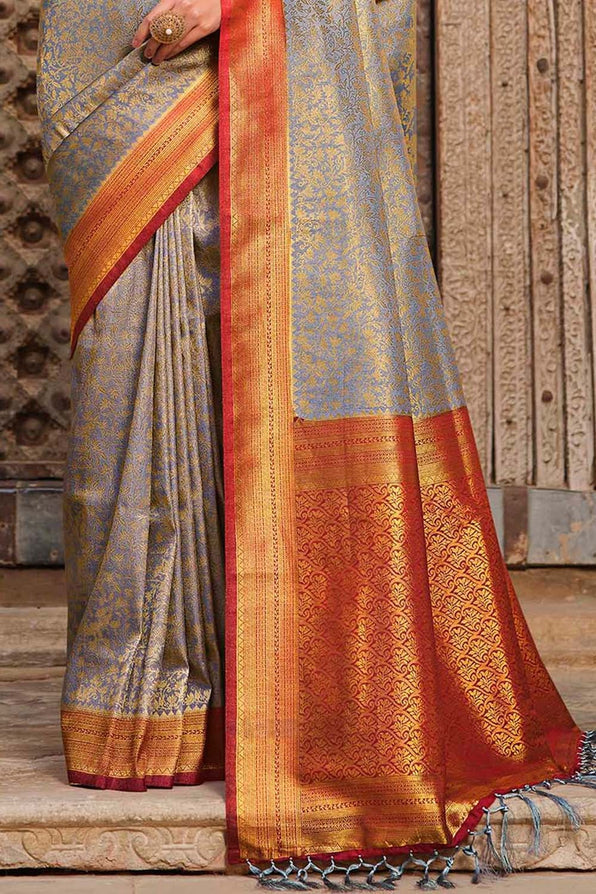 Buy MySilkLove Bronco Grey and Orange Zari Woven Kanjivaram Saree Online