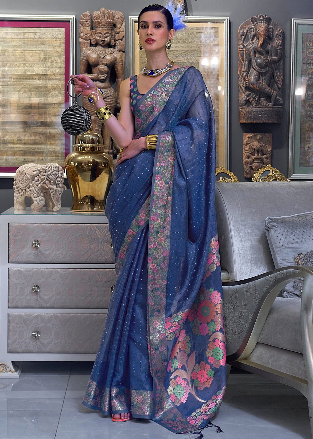 Buy MySilkLove San Juan Blue Woven Dual Tone Organza Banarasi Silk Saree Online