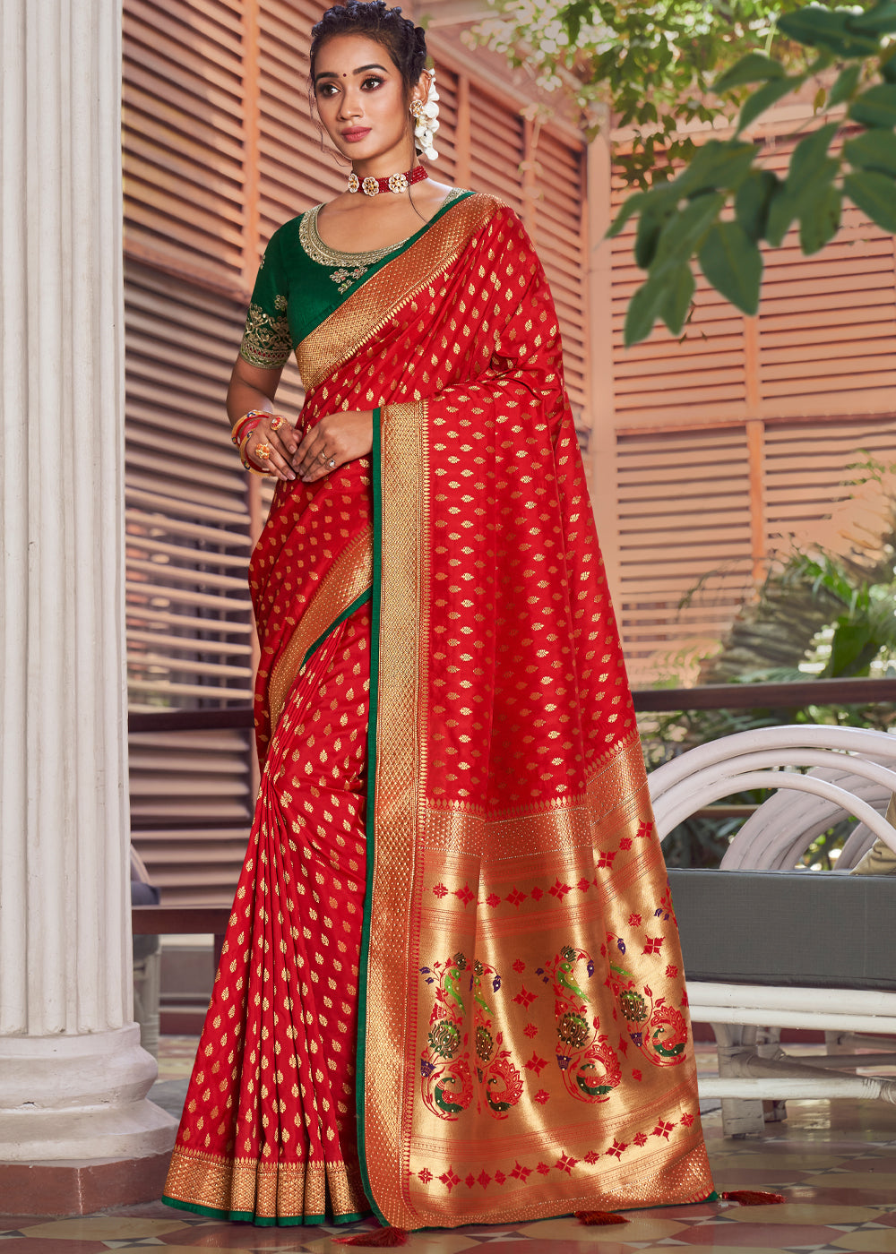 Buy MySilkLove Tomato Red and Green Zari Woven Banarasi Brocade Saree Online