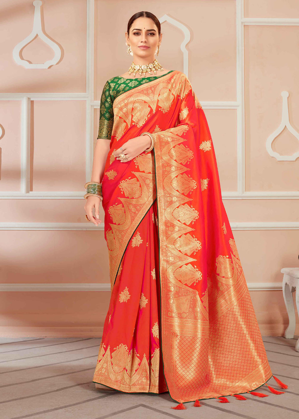 Buy MySilkLove Cinnabar Dark Orange Zari Woven Banarasi Silk Saree Online