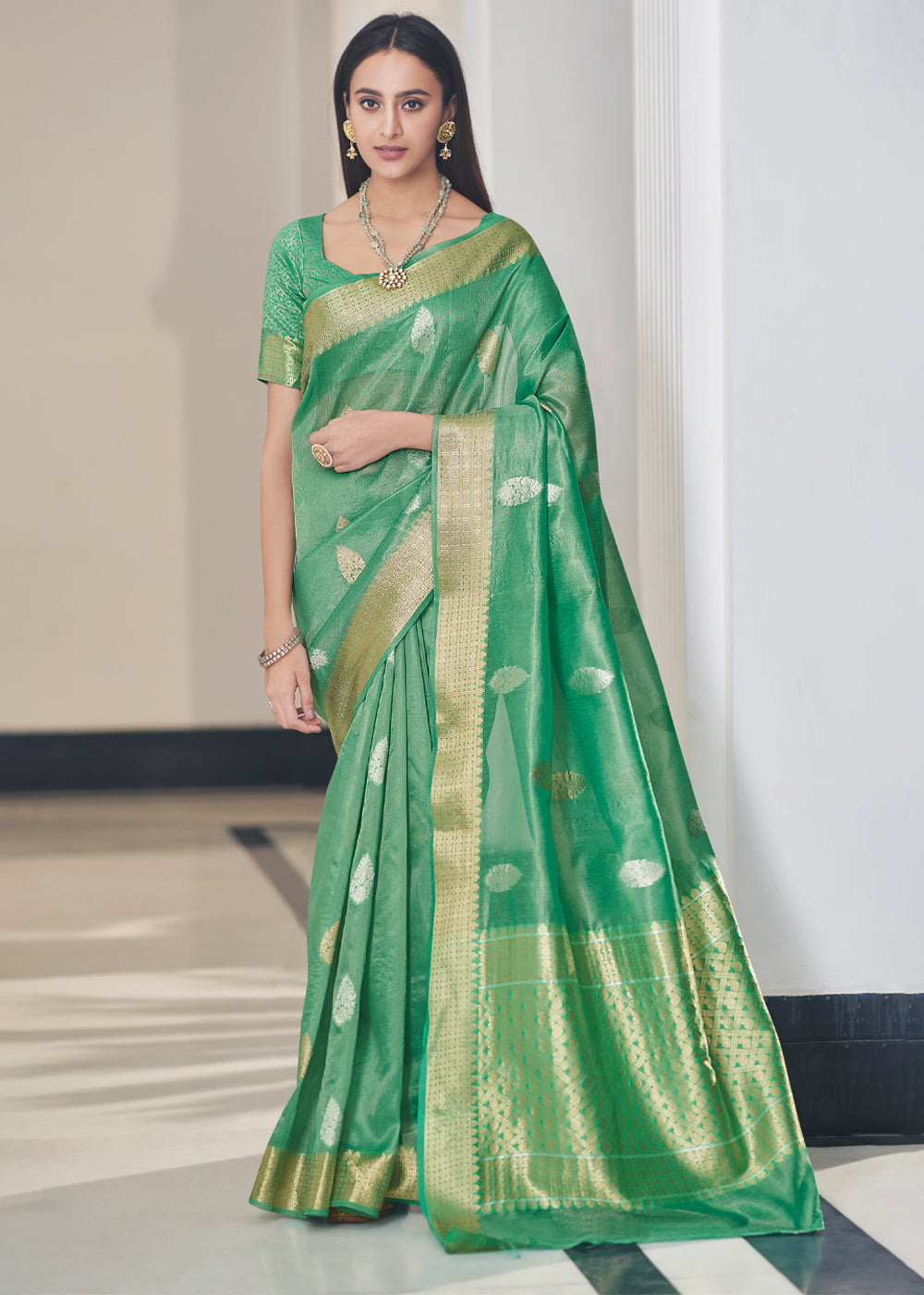 Buy MySilkLove Forest Green Zari Woven Tissue Banarasi Silk Saree Online