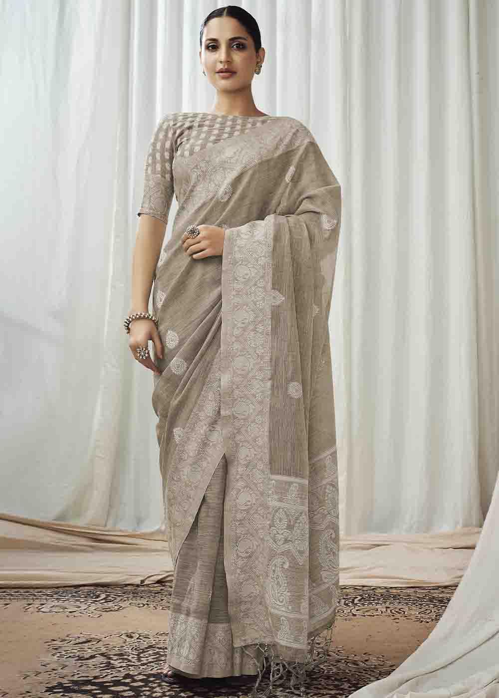 Buy MySilkLove Crocodile Grey Chikankari Linen Saree Online