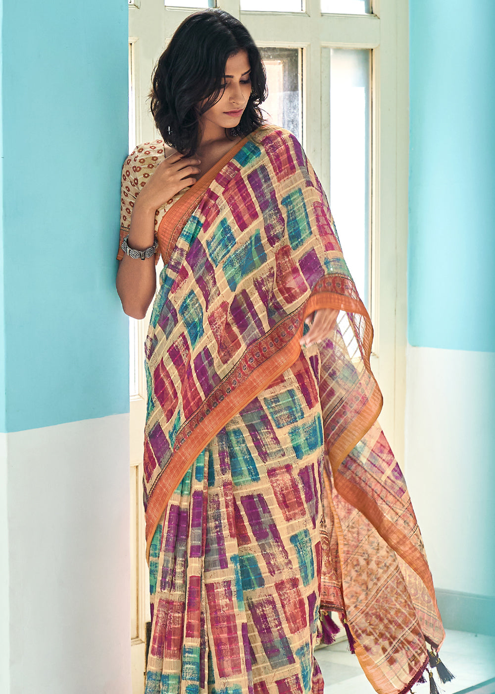 Buy MySilkLove Tan Cream Multicolor Printed Linen Saree Online