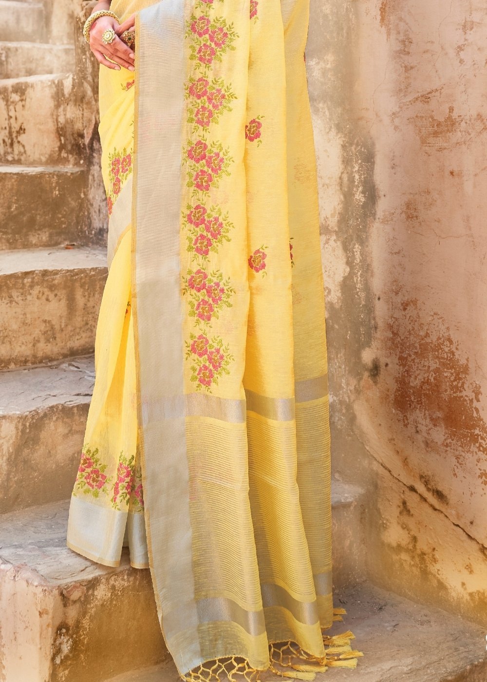 Buy MySilkLove Chalky Yellow Linen Saree Online