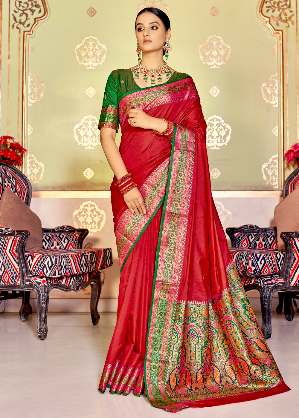 Buy MySilkLove Valencia Red and Green Zari Woven Banarasi Soft Silk Saree Online