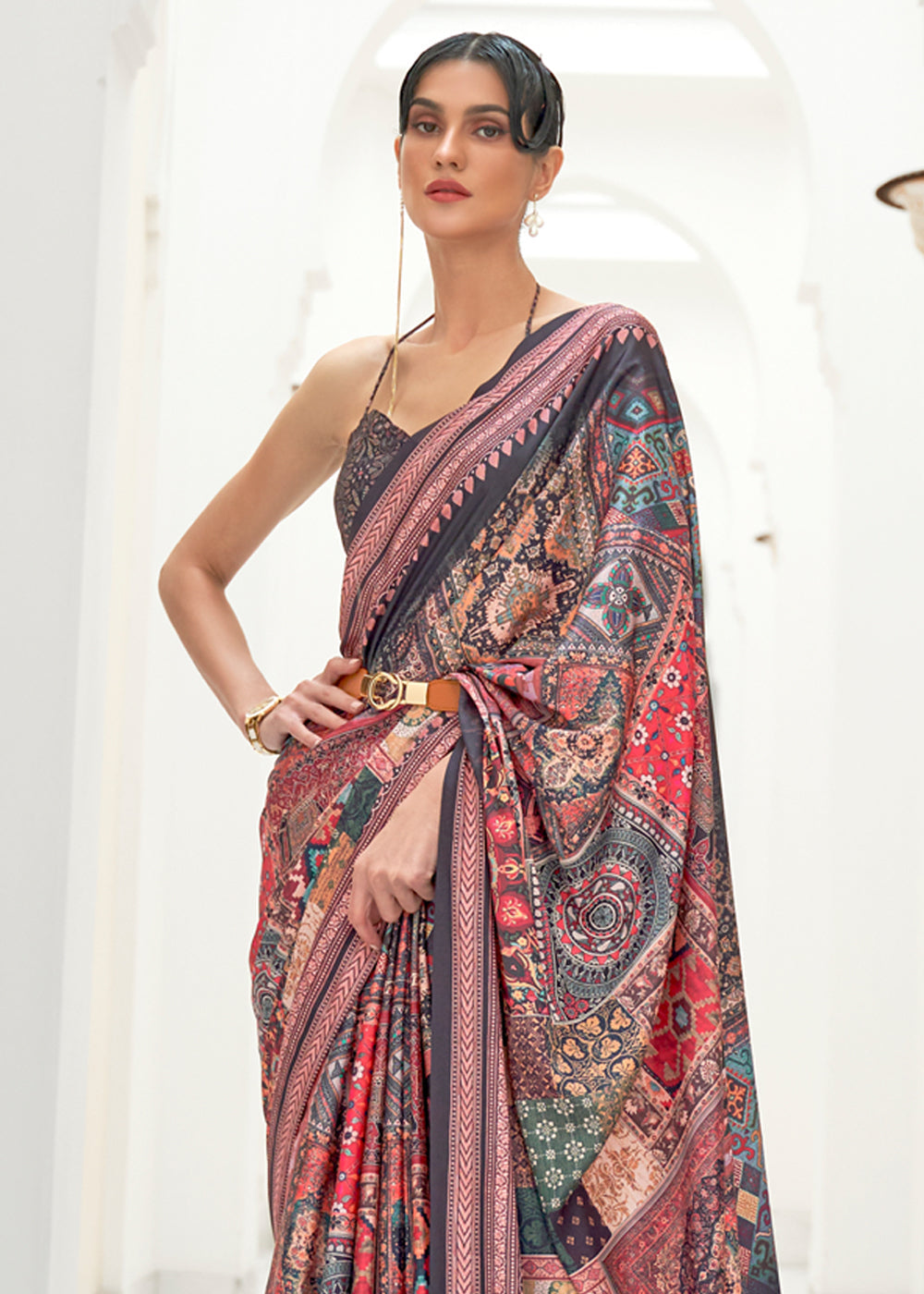 MySilkLove Opium Purple and Dark Grey Kalamkari Printed Crepe Saree