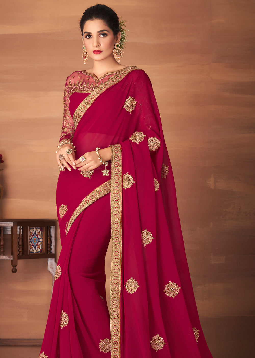 Buy MySilkLove Sweet Brown Maroon Designer Saree with Embroidered Blouse Online