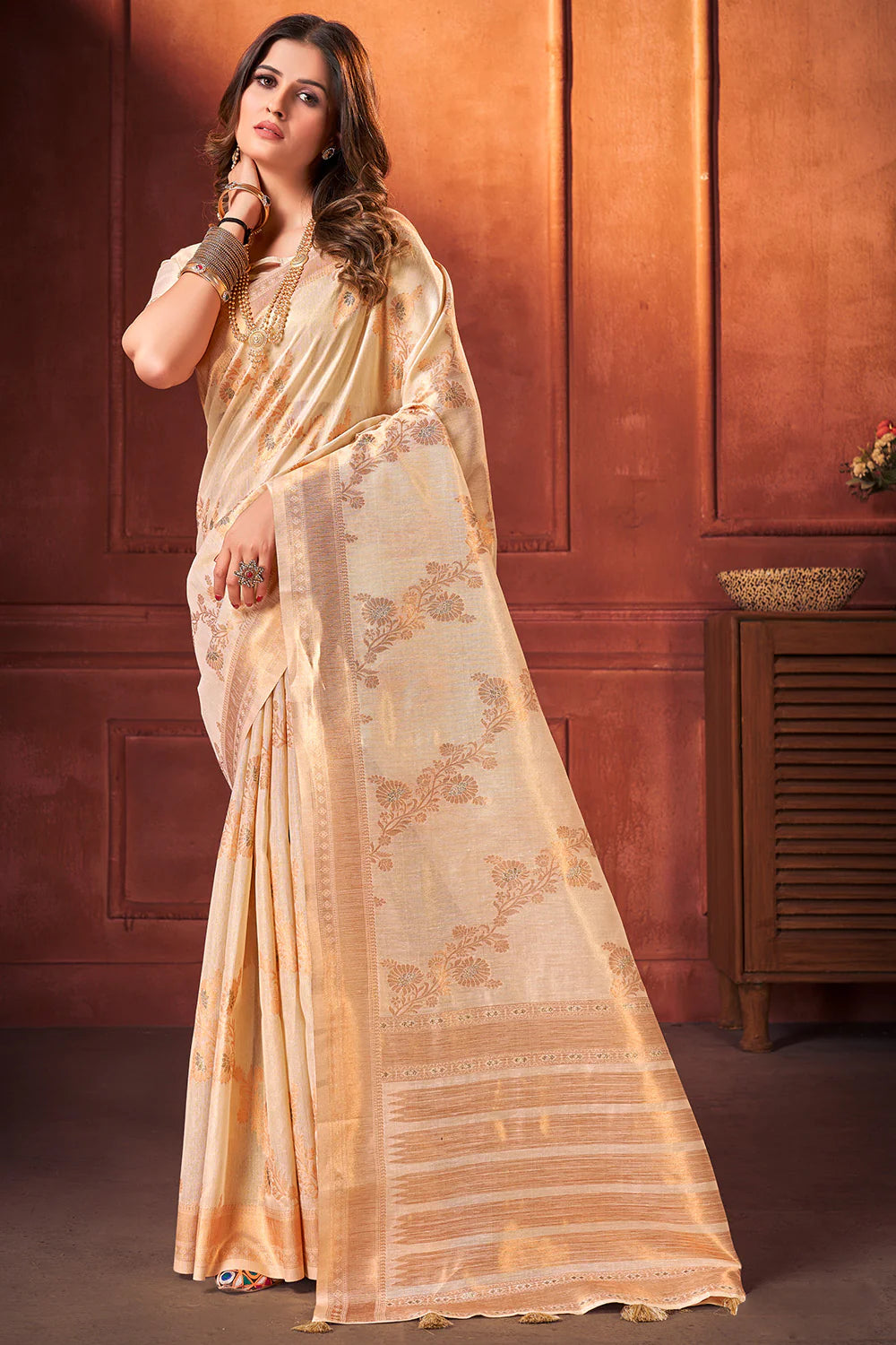 Buy MySilkLove Brandy Cream Cotton Tissue Silk Saree Online