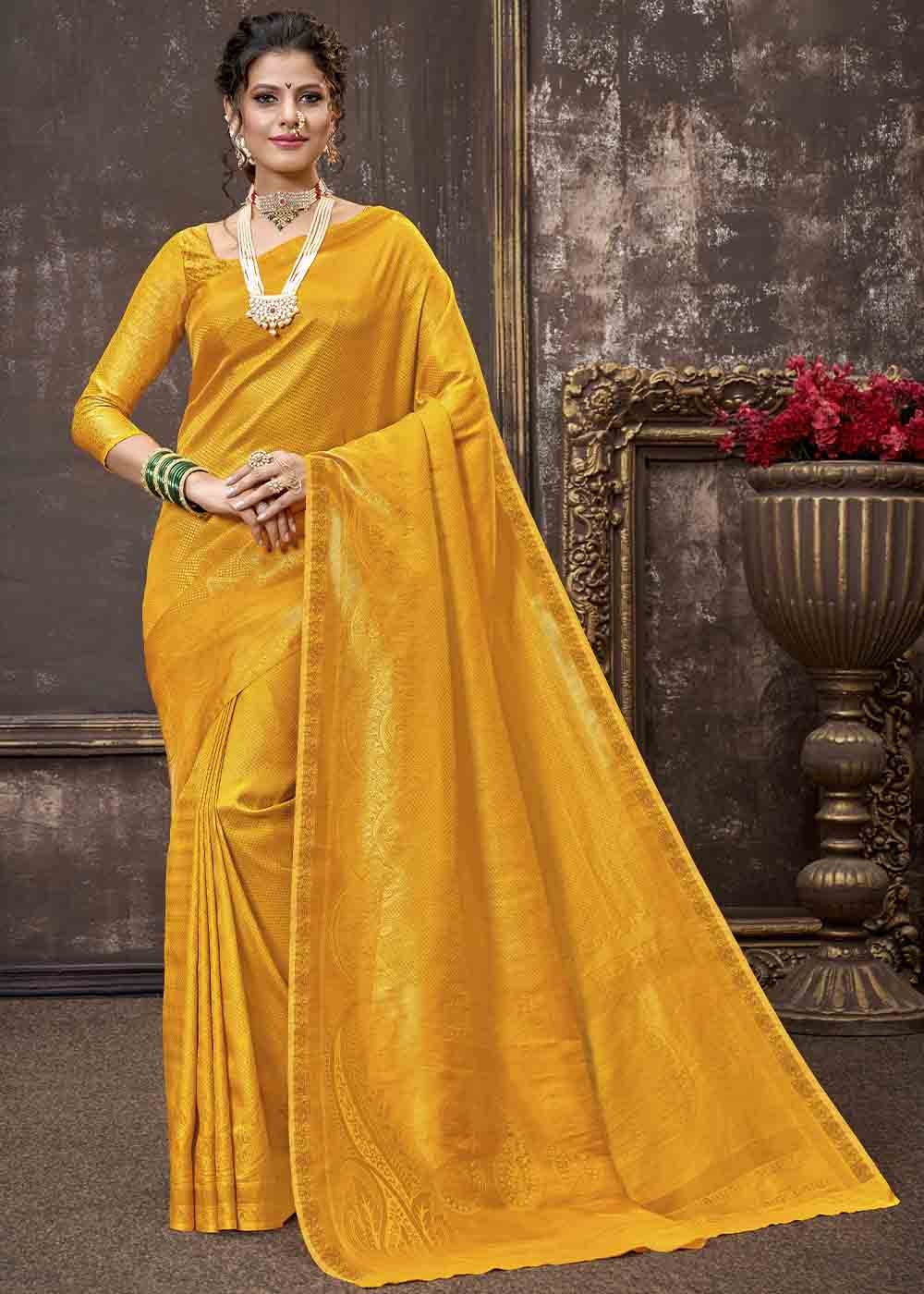 Buy MySilkLove Saffron Yellow Zari Woven Tissue Kanjivaram Saree Online