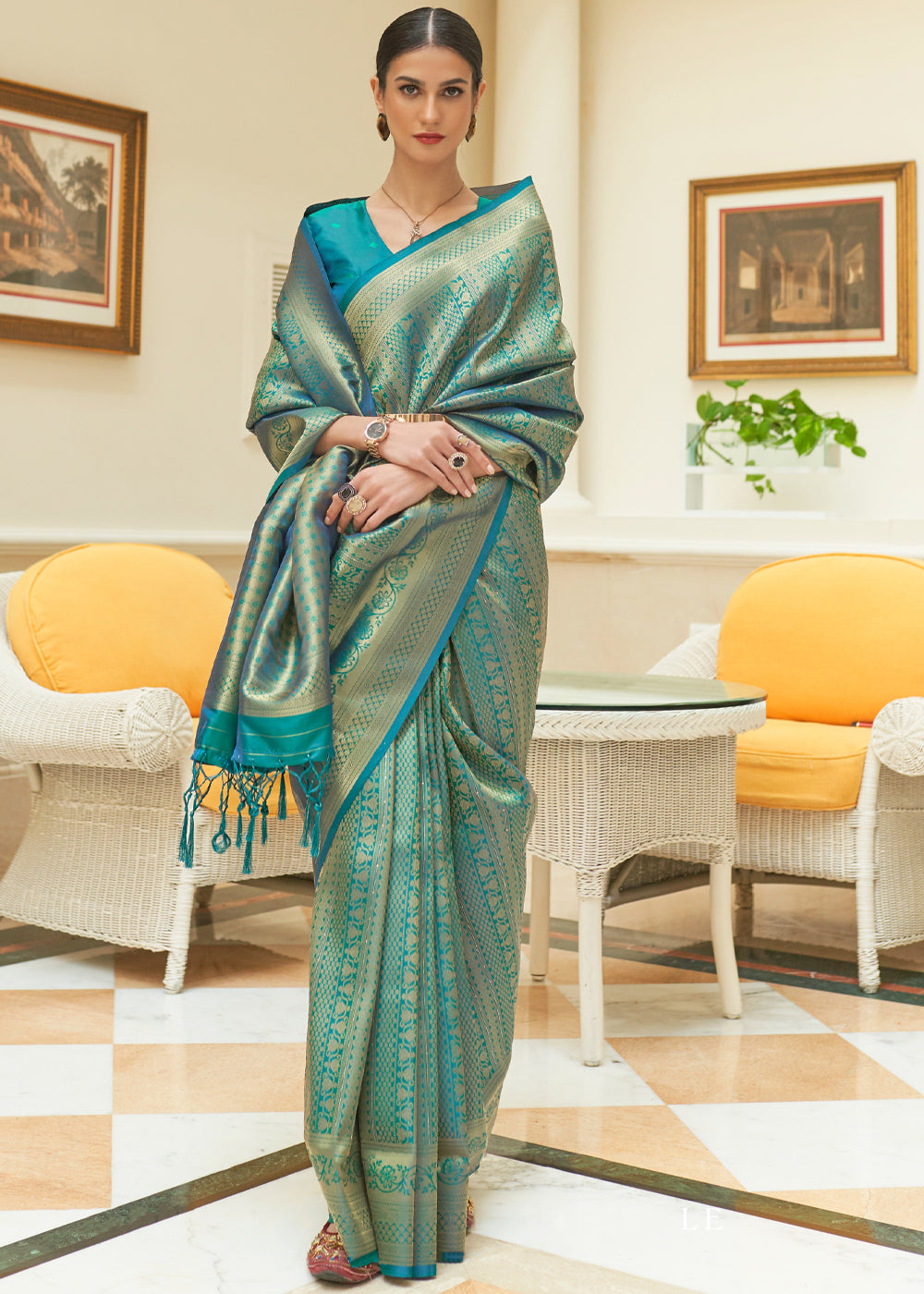 Buy MySilkLove Keppel Bluish Green Zari Woven Kanjivaram Saree Online