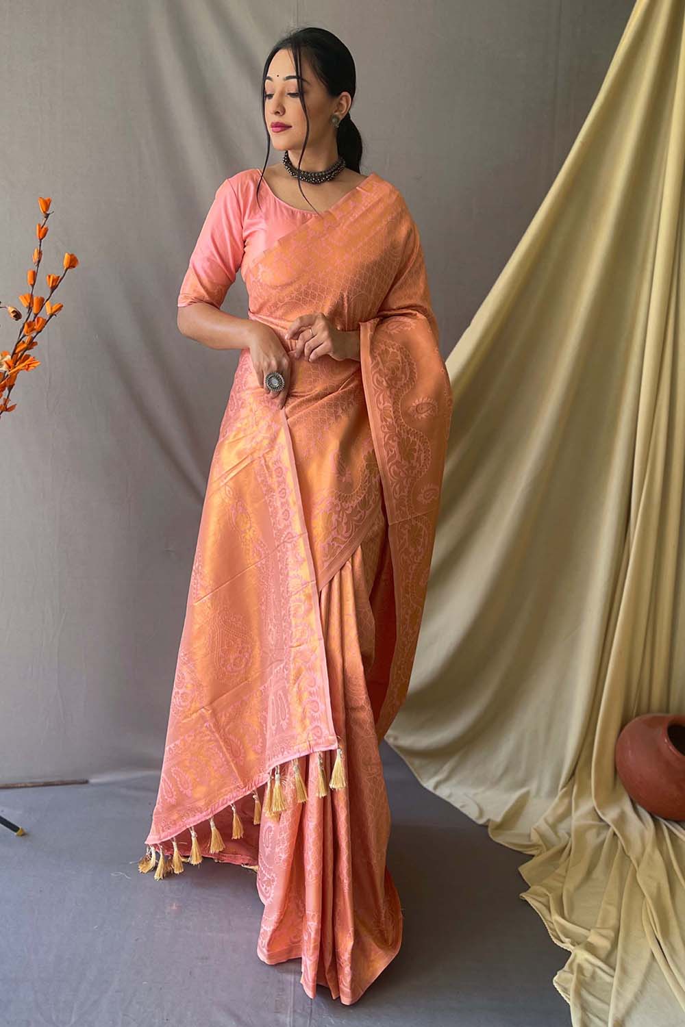 Buy MySilkLove Manhattan Peach Woven Art Silk Saree Online