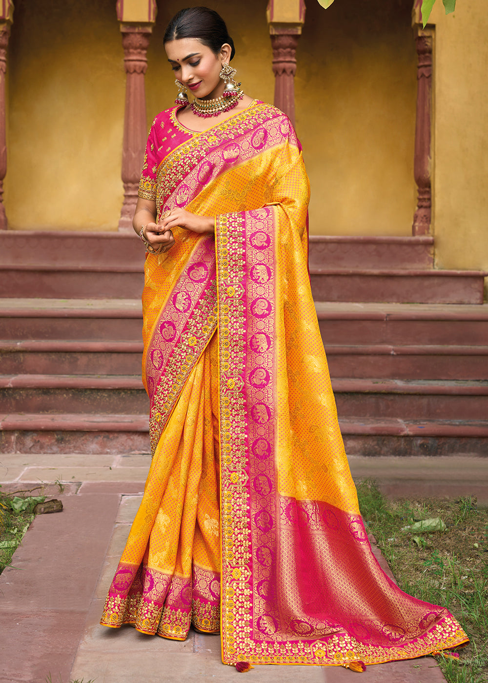 Buy MySilkLove Sea Yellow and Pink Embroidered Dola Silk Saree Online