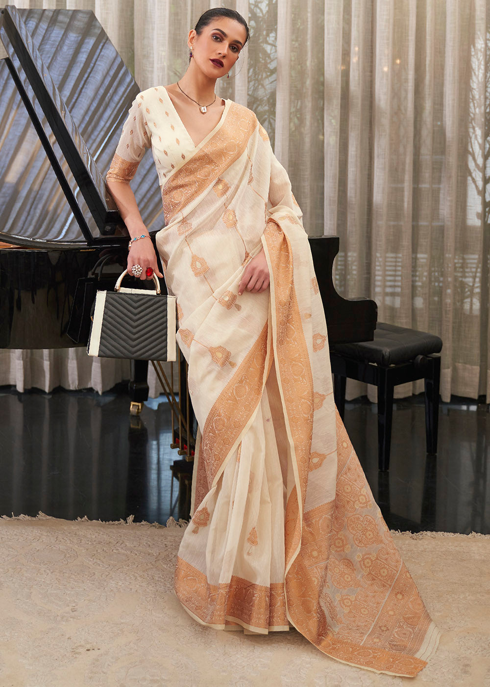 Buy MySilkLove Apricot White Zari Woven Linen Saree Online