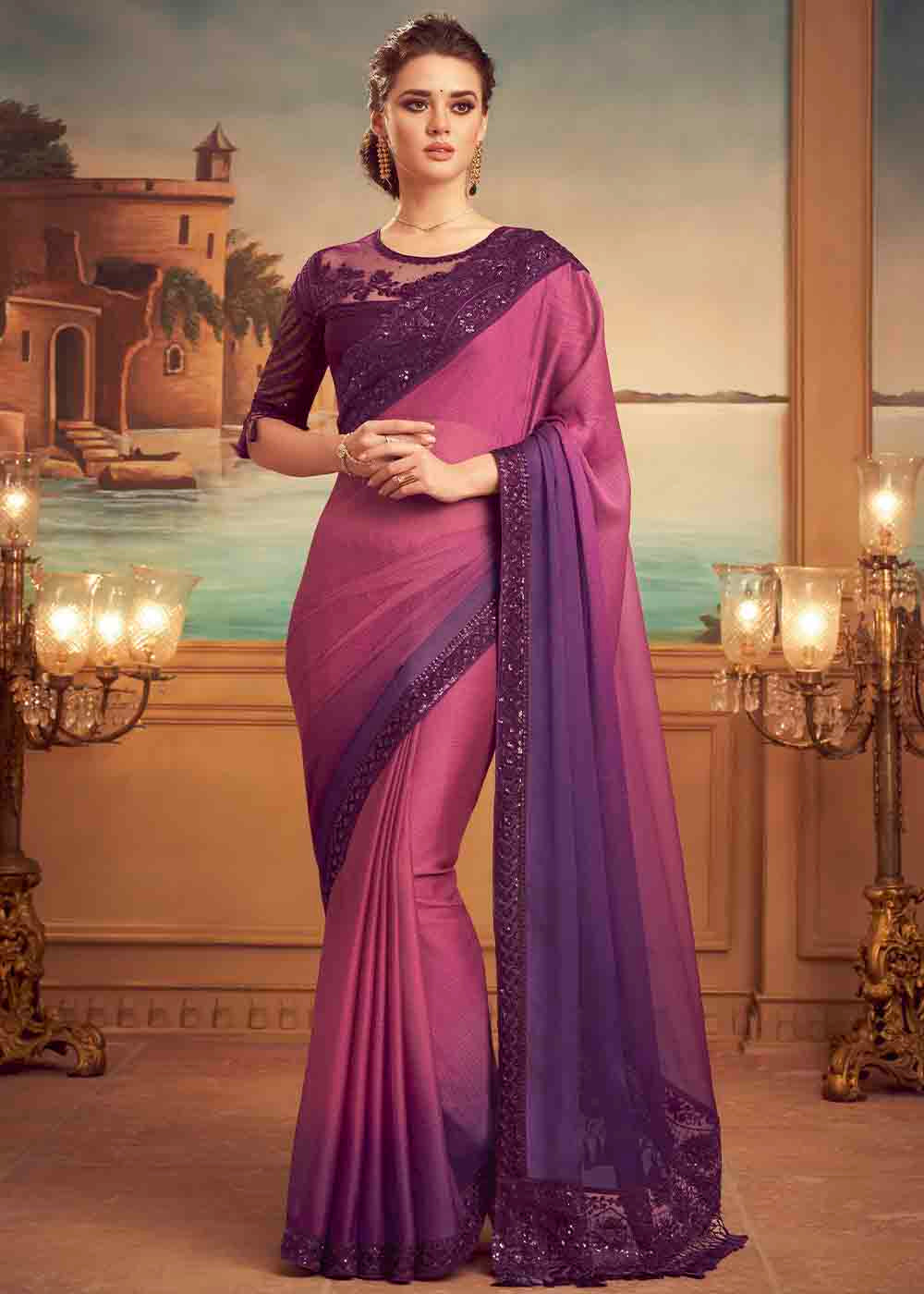 Buy MySilkLove Camelot Pink Purple Embroidered Satin Silk Designer Saree Online