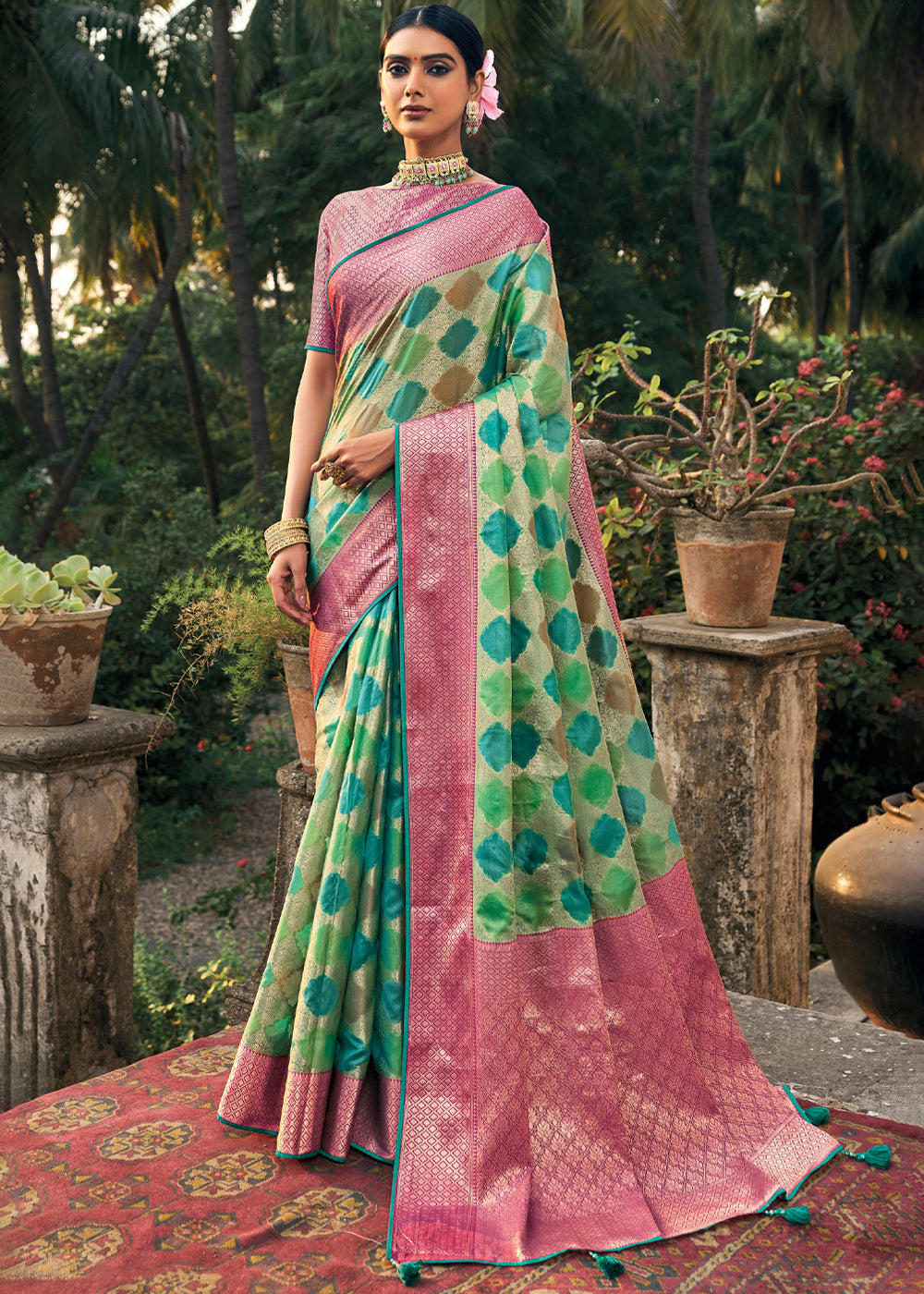 Buy MySilkLove Asparagus Green Woven Organza Banarasi Silk Saree Online