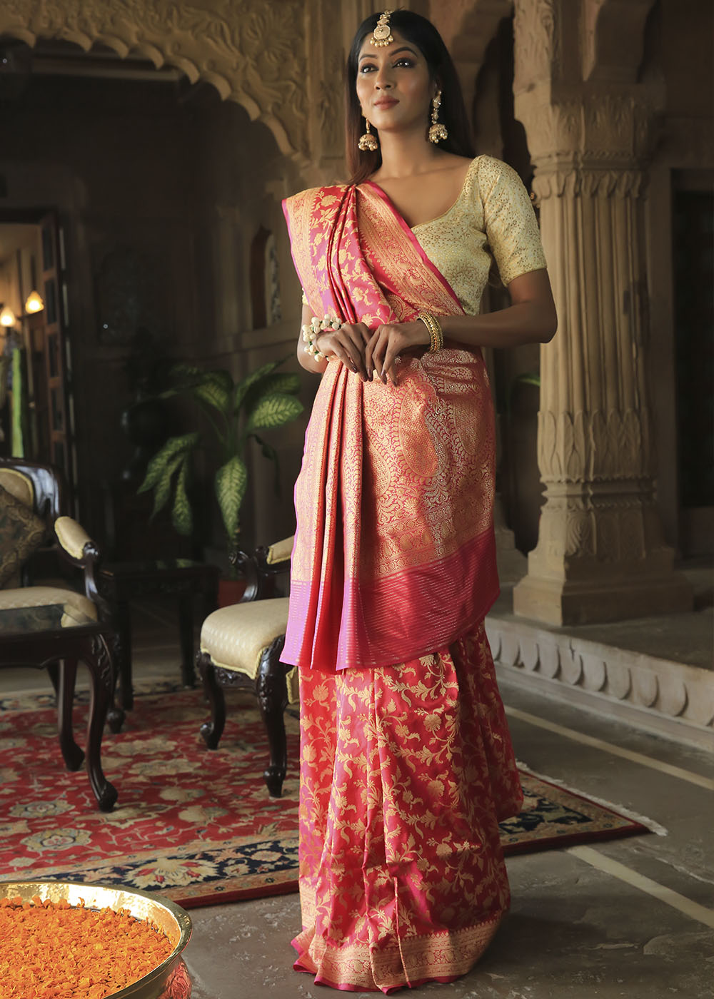 MySilkLove Valencia Pink Katan Pure Silk Handwoven Kadwa Jaal Saree