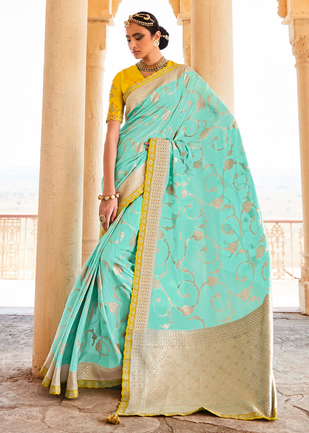 Buy MySilkLove Riptide Blue and Yellow Zari Woven Designer Banarasi Saree Online