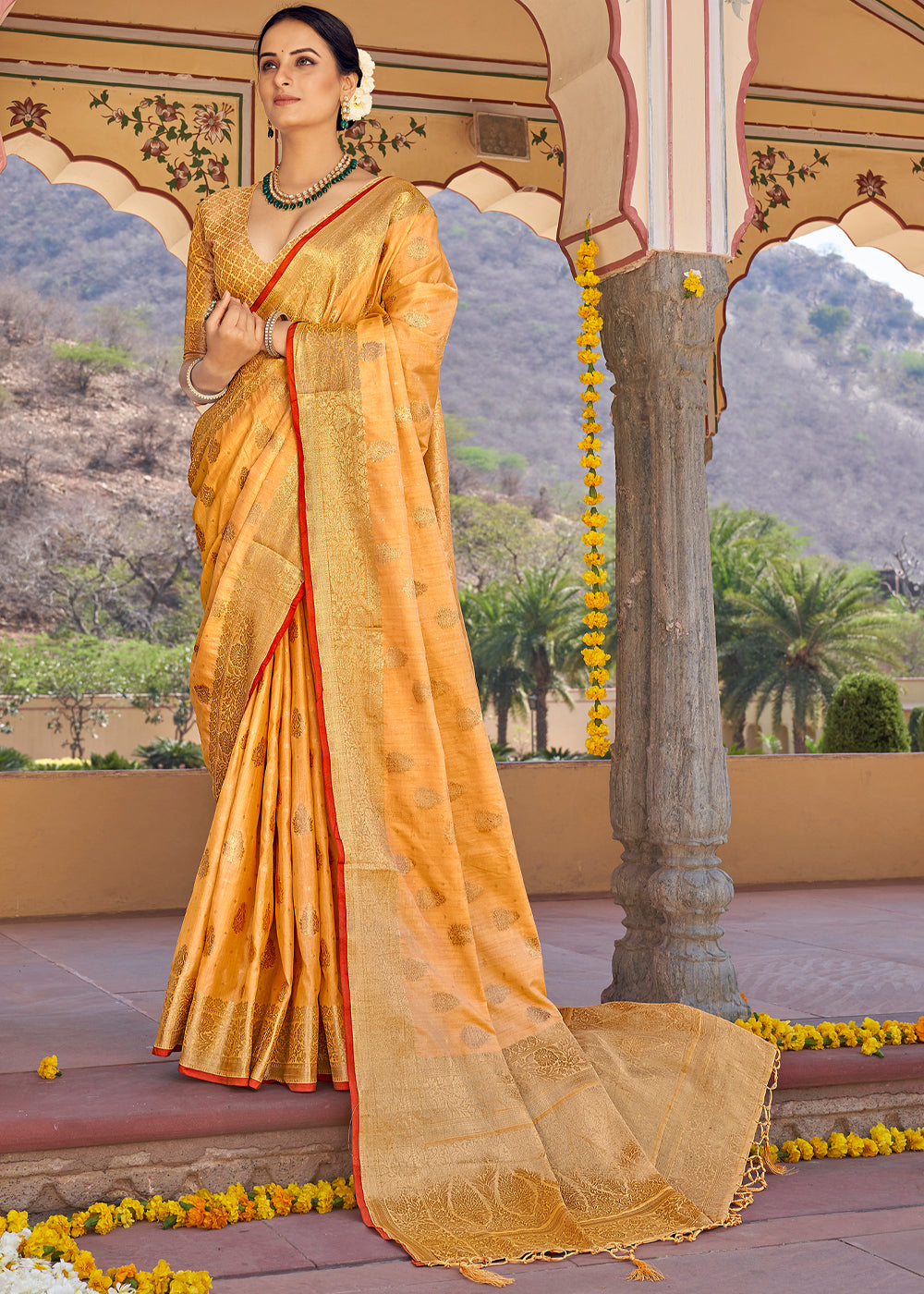 Buy MySilkLove Sandy Yellow Zari Woven Banarasi Linen Saree Online