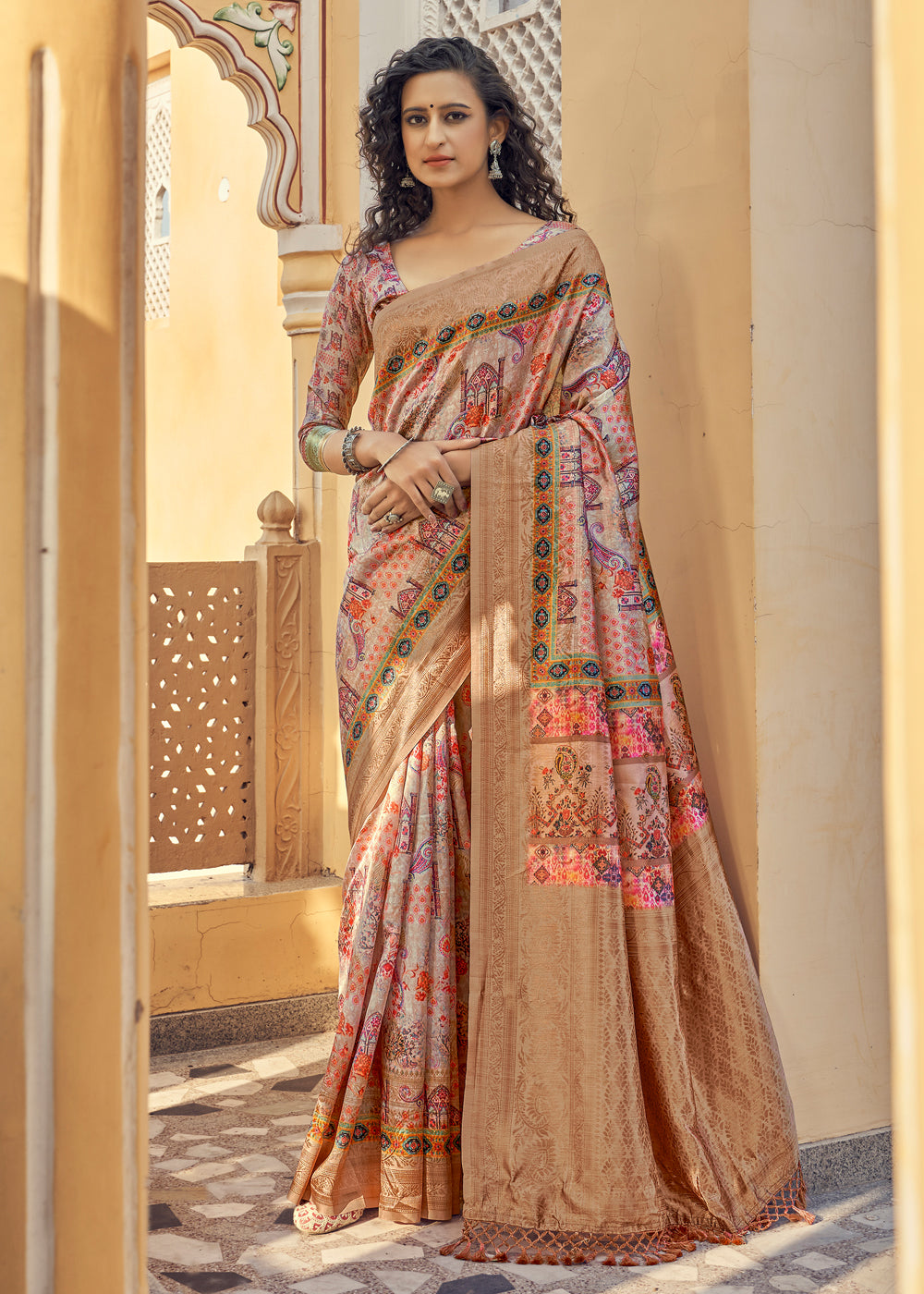 Buy MySilkLove Brass Pink and Brown Digital Printed Jacquard Silk Saree Online