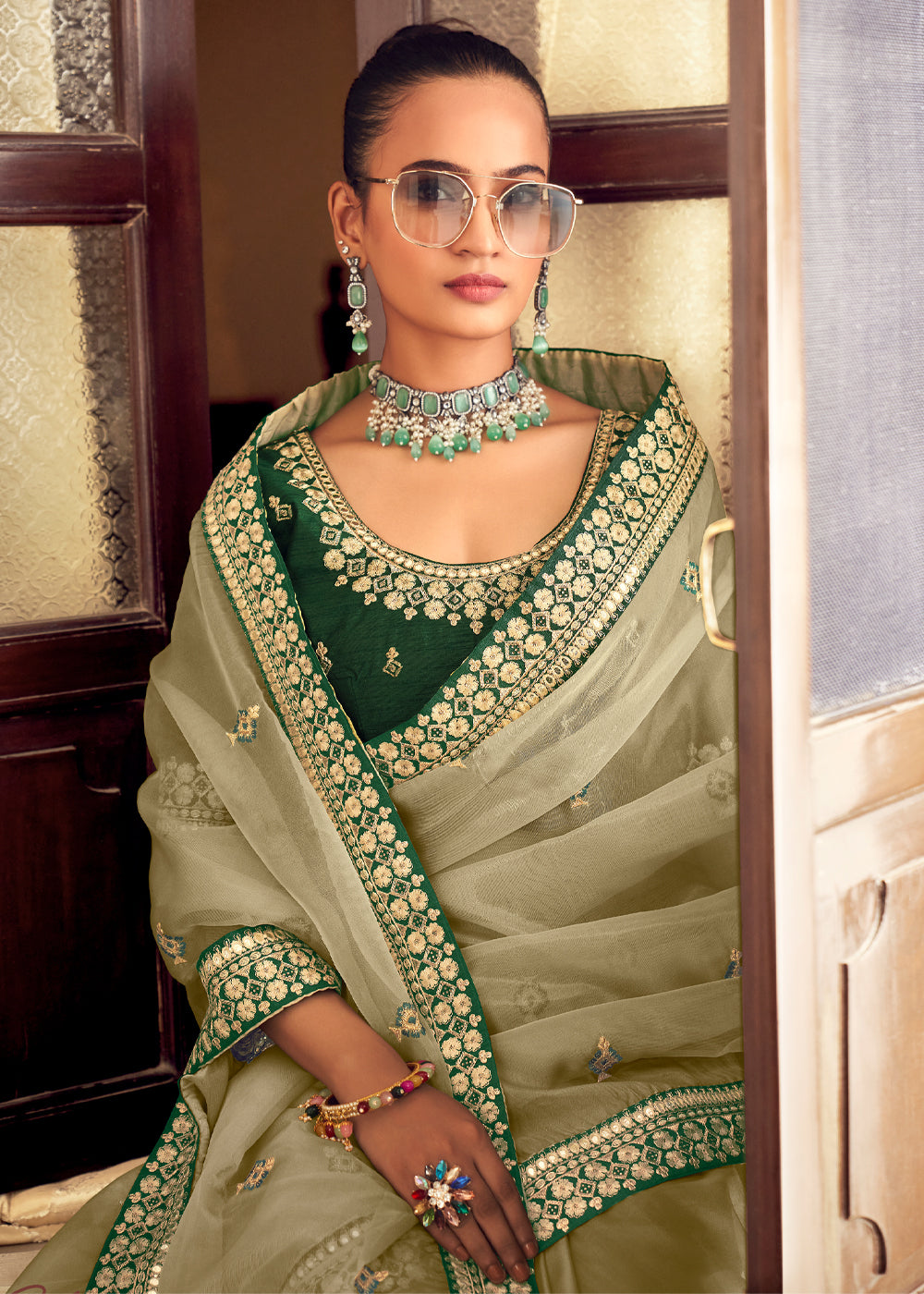 Buy MySilkLove Pine Glade Green Woven Banarasi Georgette Silk Saree Online