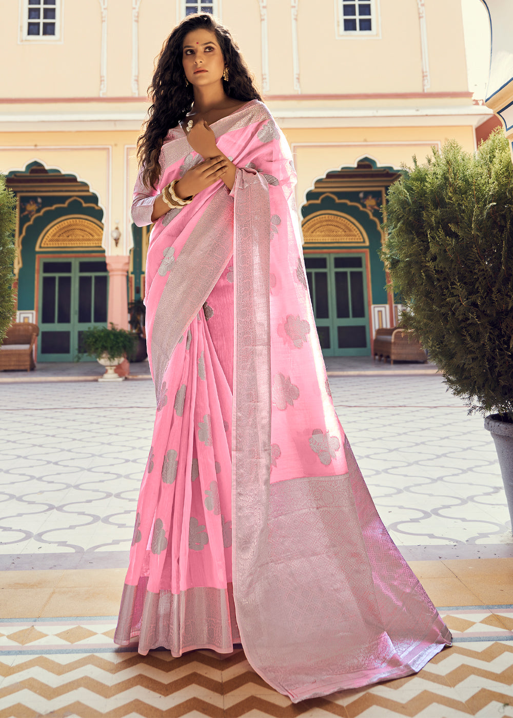 Buy MySilkLove Candy Pink Zari Woven Banarasi Linen Saree Online