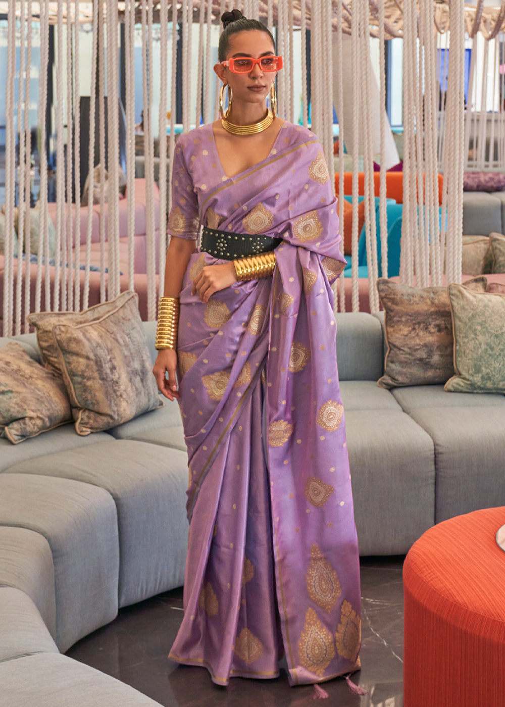 Buy MySilkLove Viola Purple Bronze Zari Woven Satin Silk Saree Online