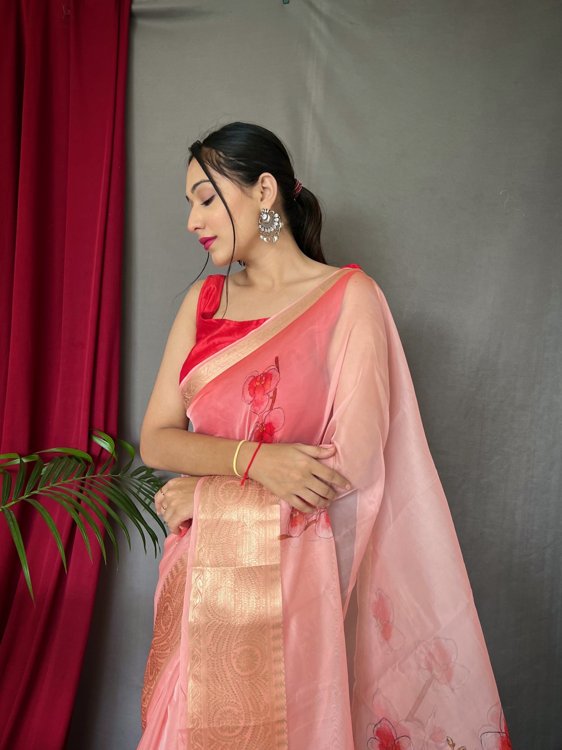 Buy MySilkLove Froly Pink Organza Digital Floral Printed Saree Online