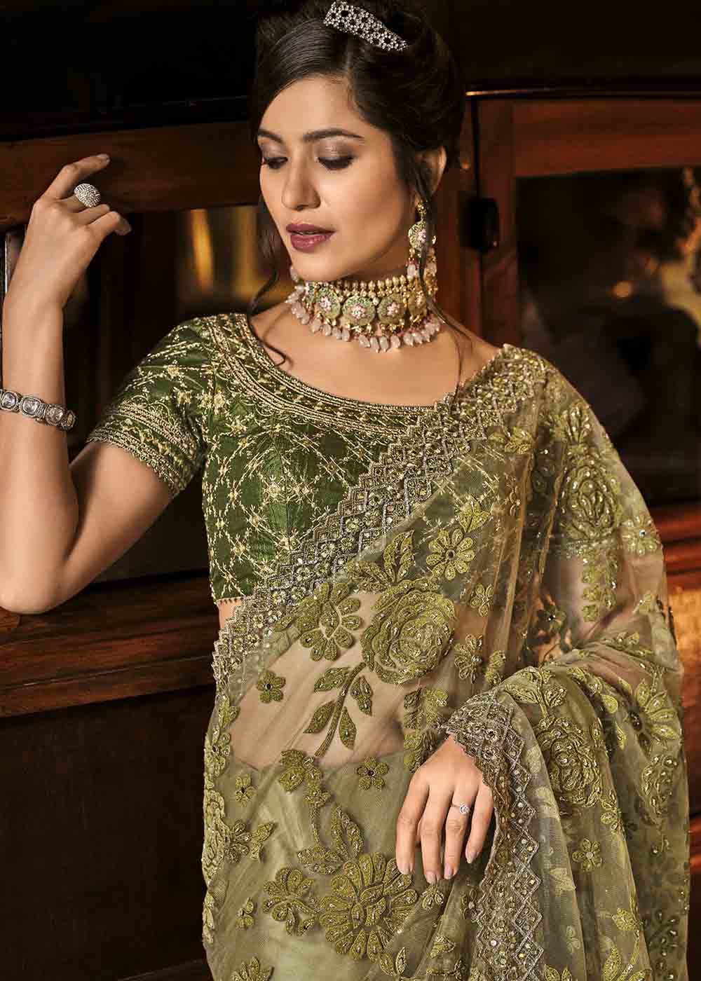 Buy MySilkLove Teak Green Heavy Work Designer Net Saree Online