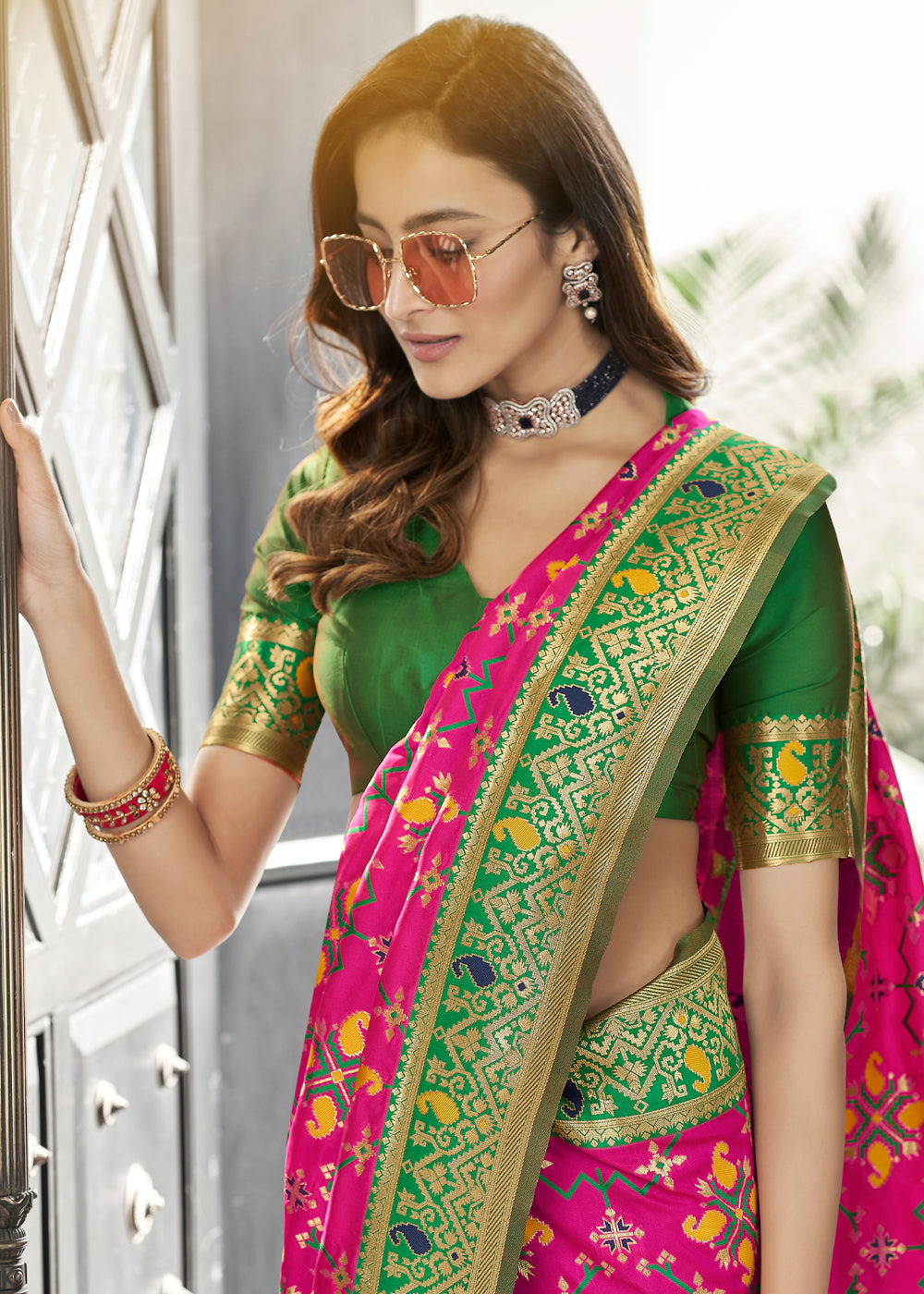 Buy MySilkLove Bittersweet Pink and Green Zari Woven Banarasi Patola Saree Online