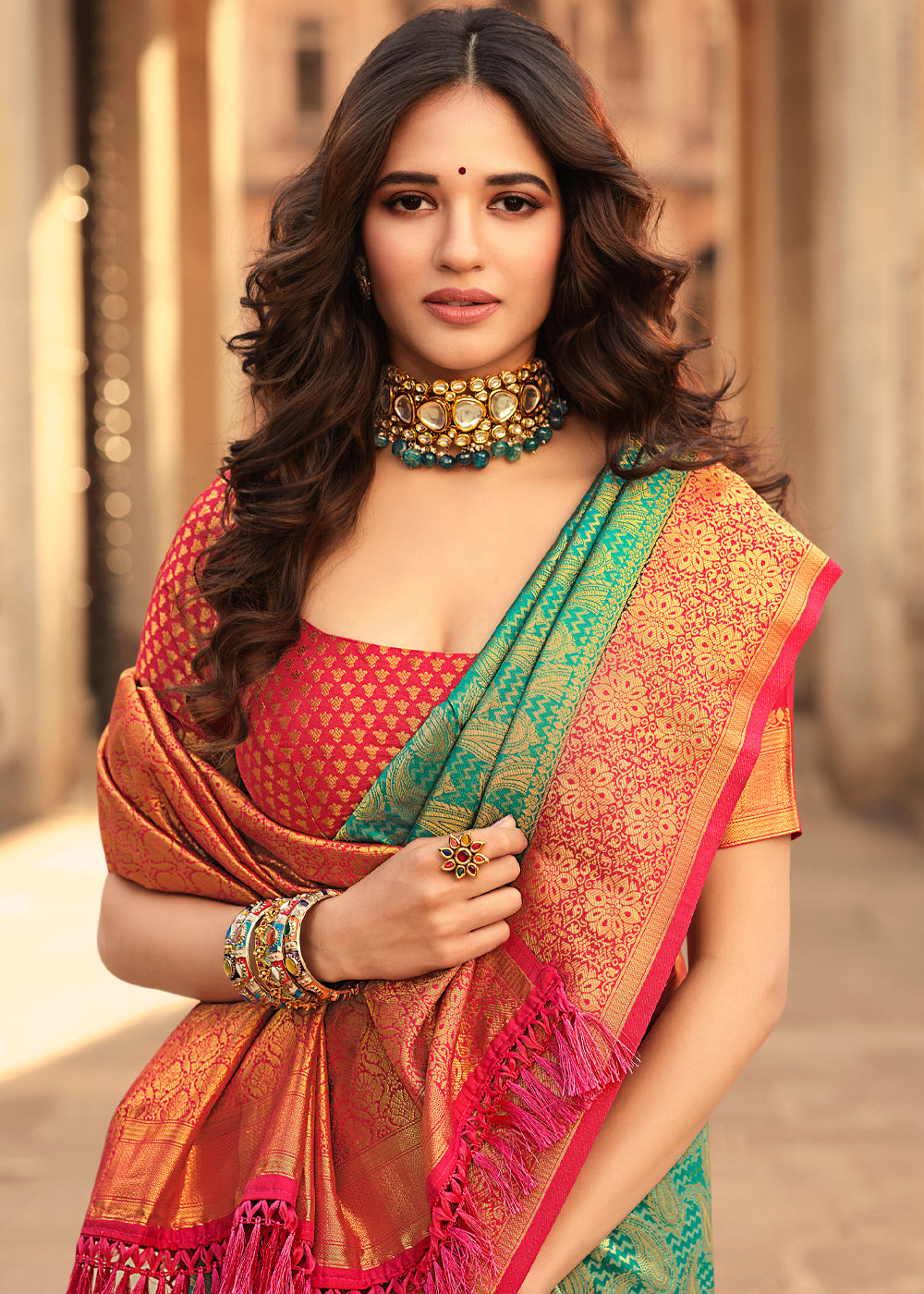 Buy MySilkLove Viridian Green and Red Zari Woven Kanjivaram Saree Online