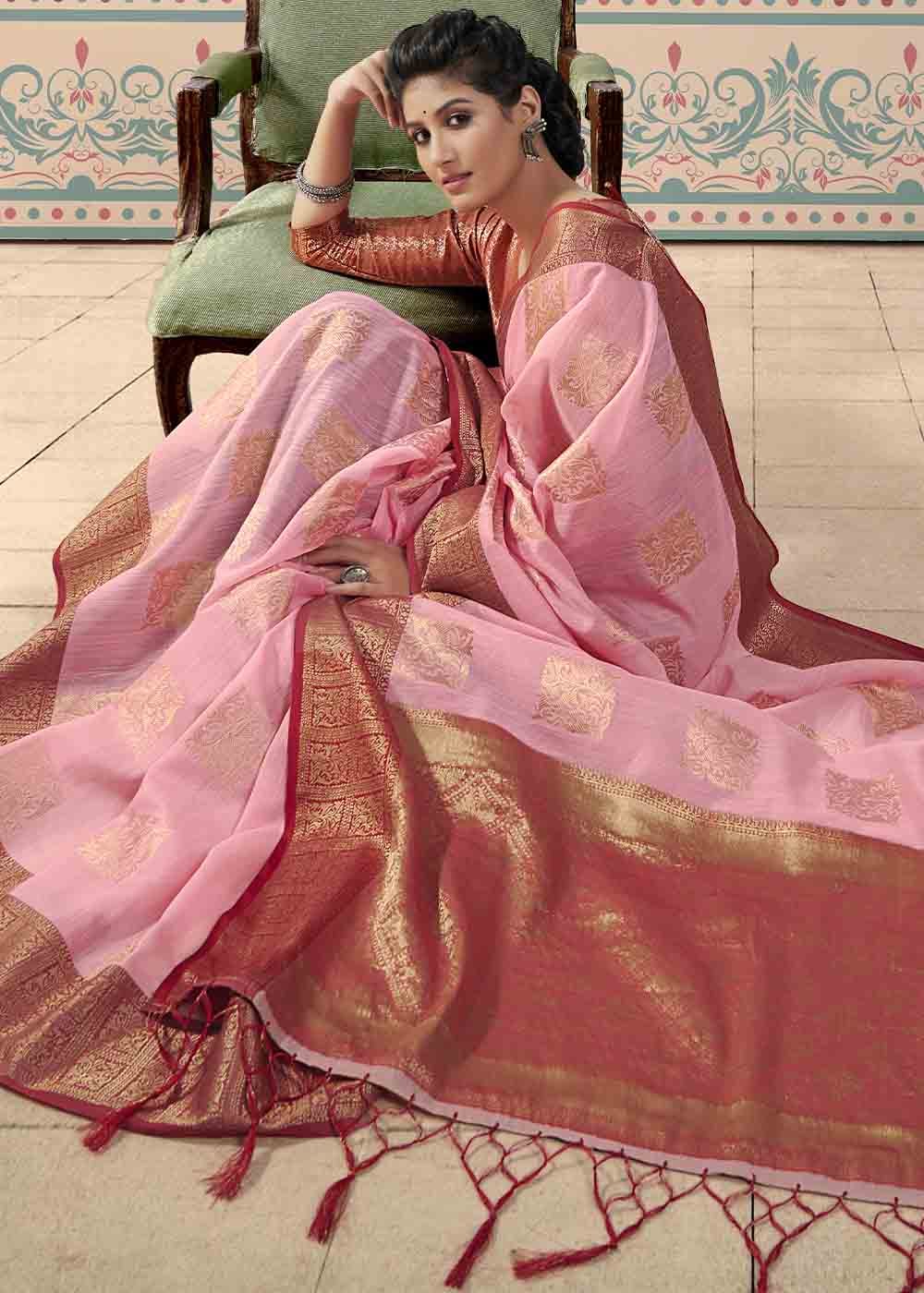 Buy MySilkLove Shilo Pink and Red Zari Woven Linen Saree Online