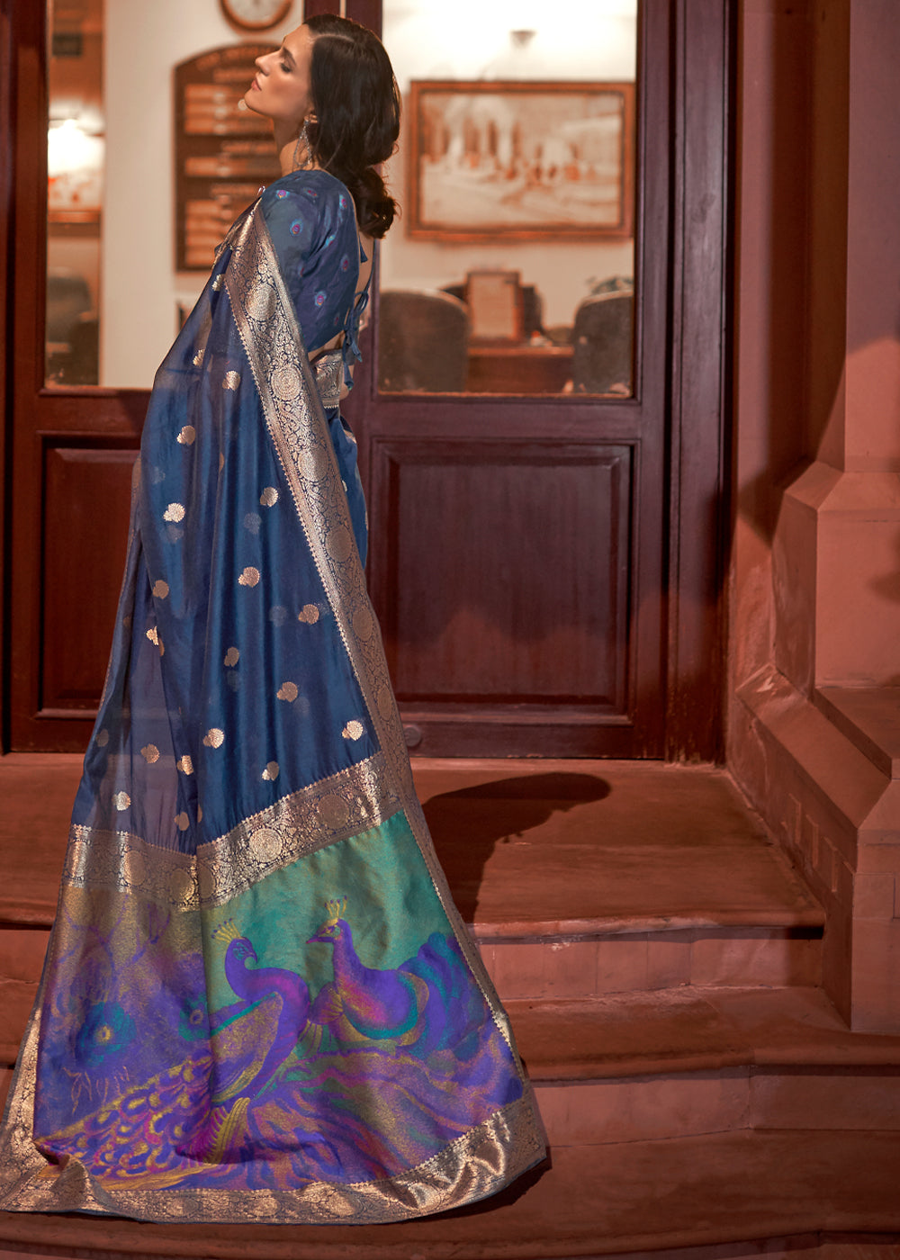 MySilkLove Coral Pearl Blue Zari Woven Banarasi Saree with Peacock Pallu