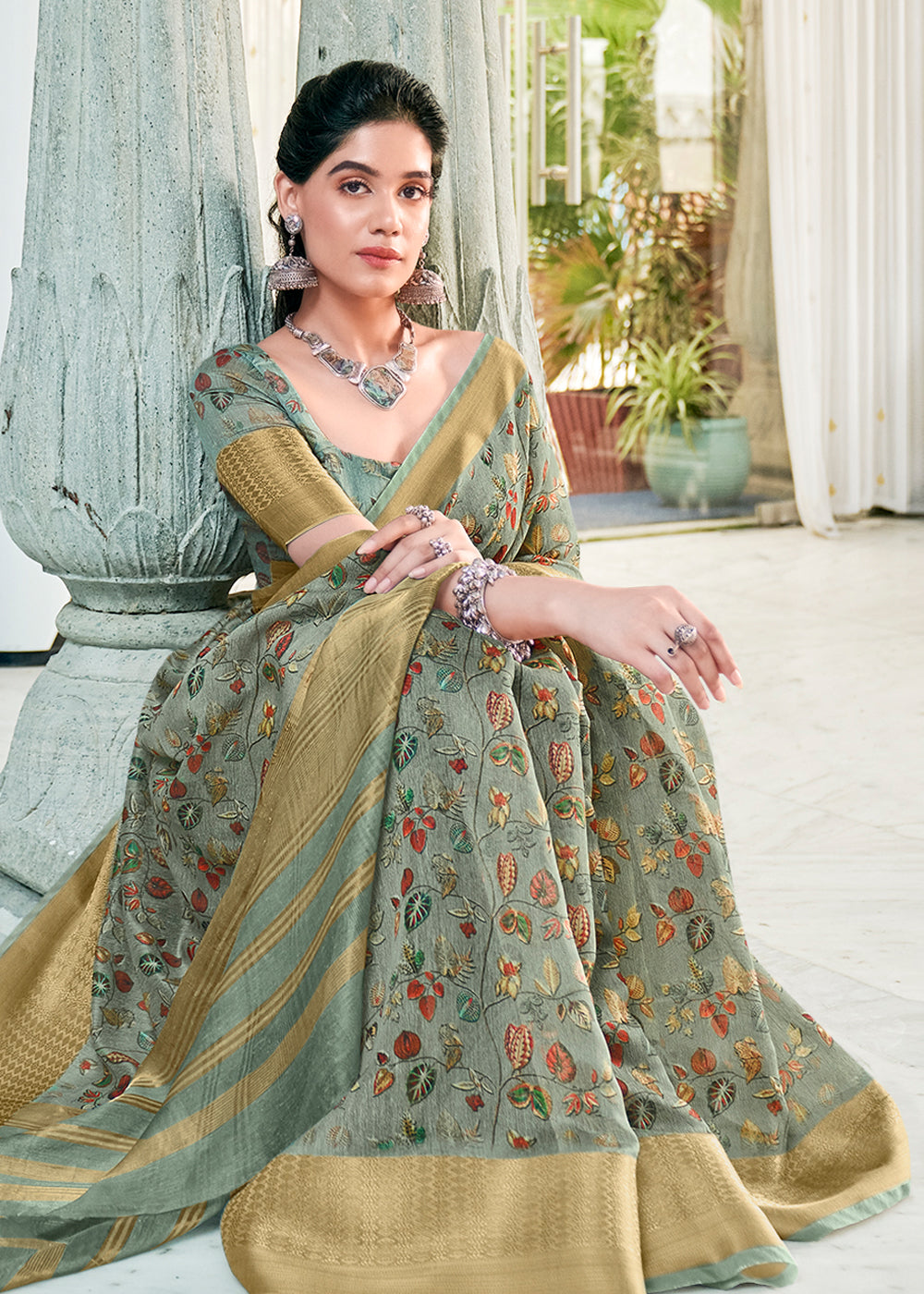 Buy MySilkLove Clay Creek Green Banarasi Printed Saree Online